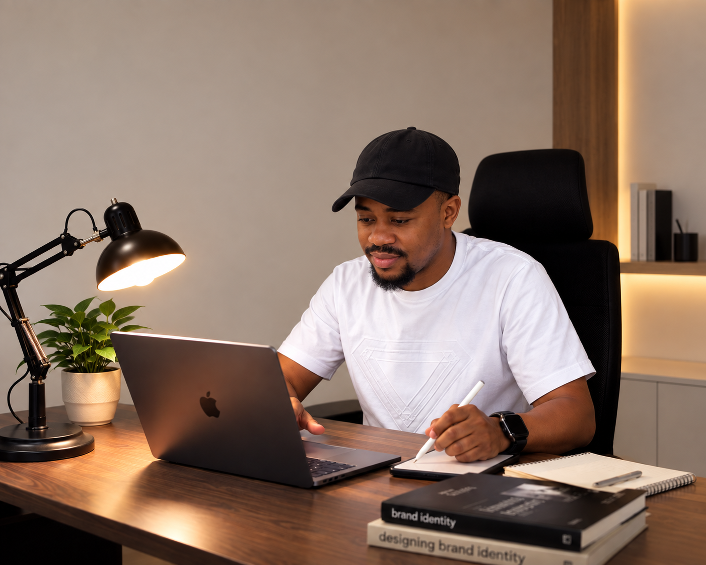 YB working at a desk with a MacBook, desk lamp and brand identity books